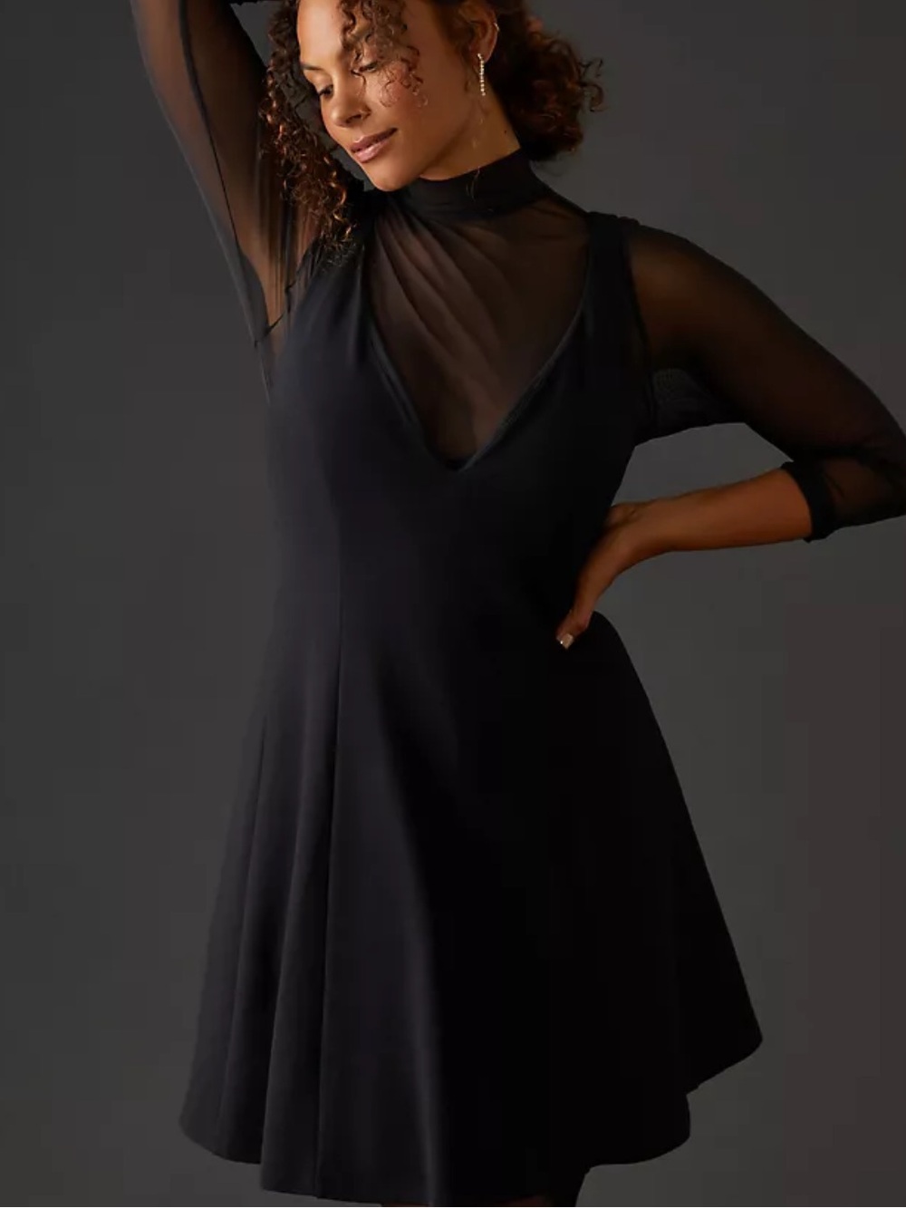 Anthropologie Maeve layered sheer long sleeve little black dress size M NWT